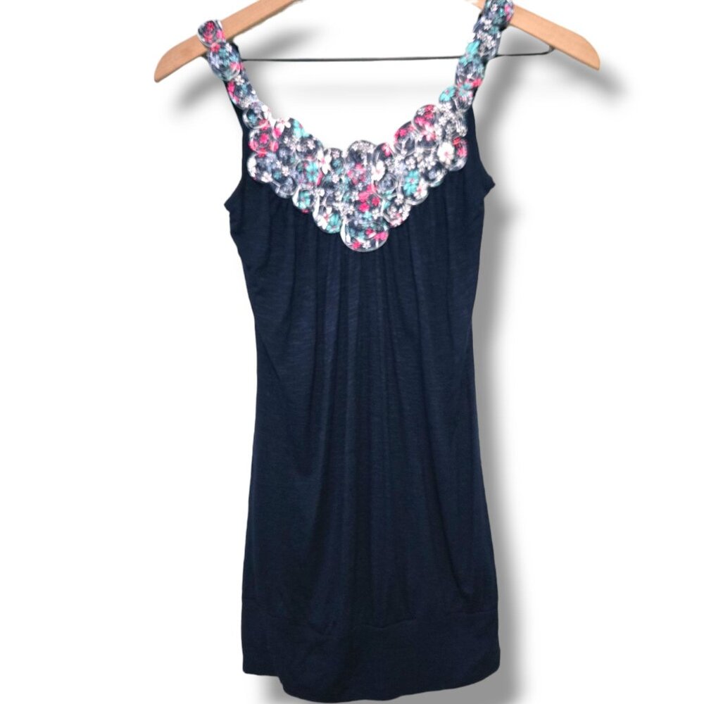 Threads tank top womens Small blue blouson Fabric rosette neckline detail